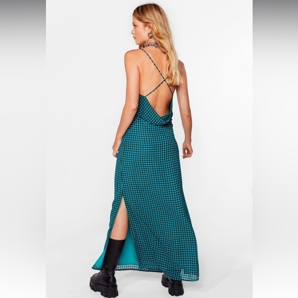 Nasty Gal Green Check Cross Back Cowl Maxi Midi Slip Dress Size 8